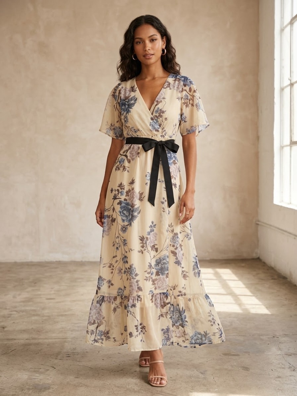 Floral Wrap Maxi Dress in Cream with Blue Blooms